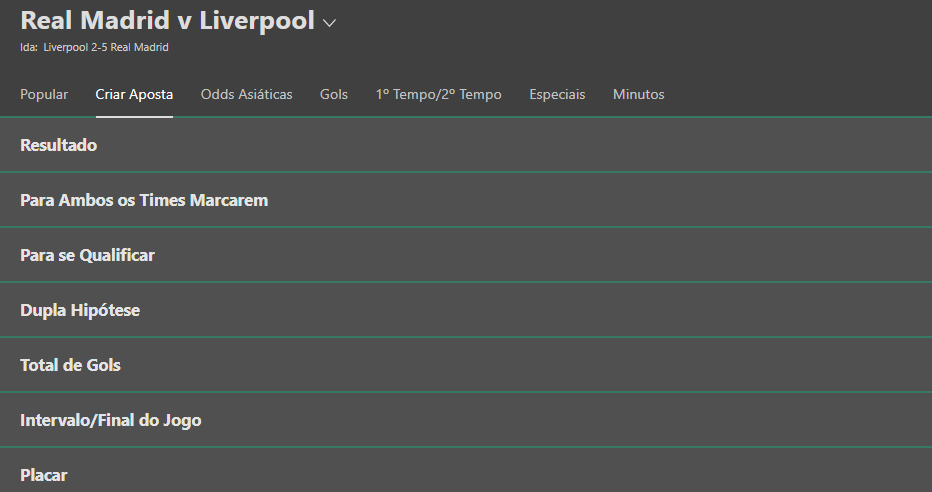 Criar Aposta Personalizada Bet365 - Real Madrid e Liverpool